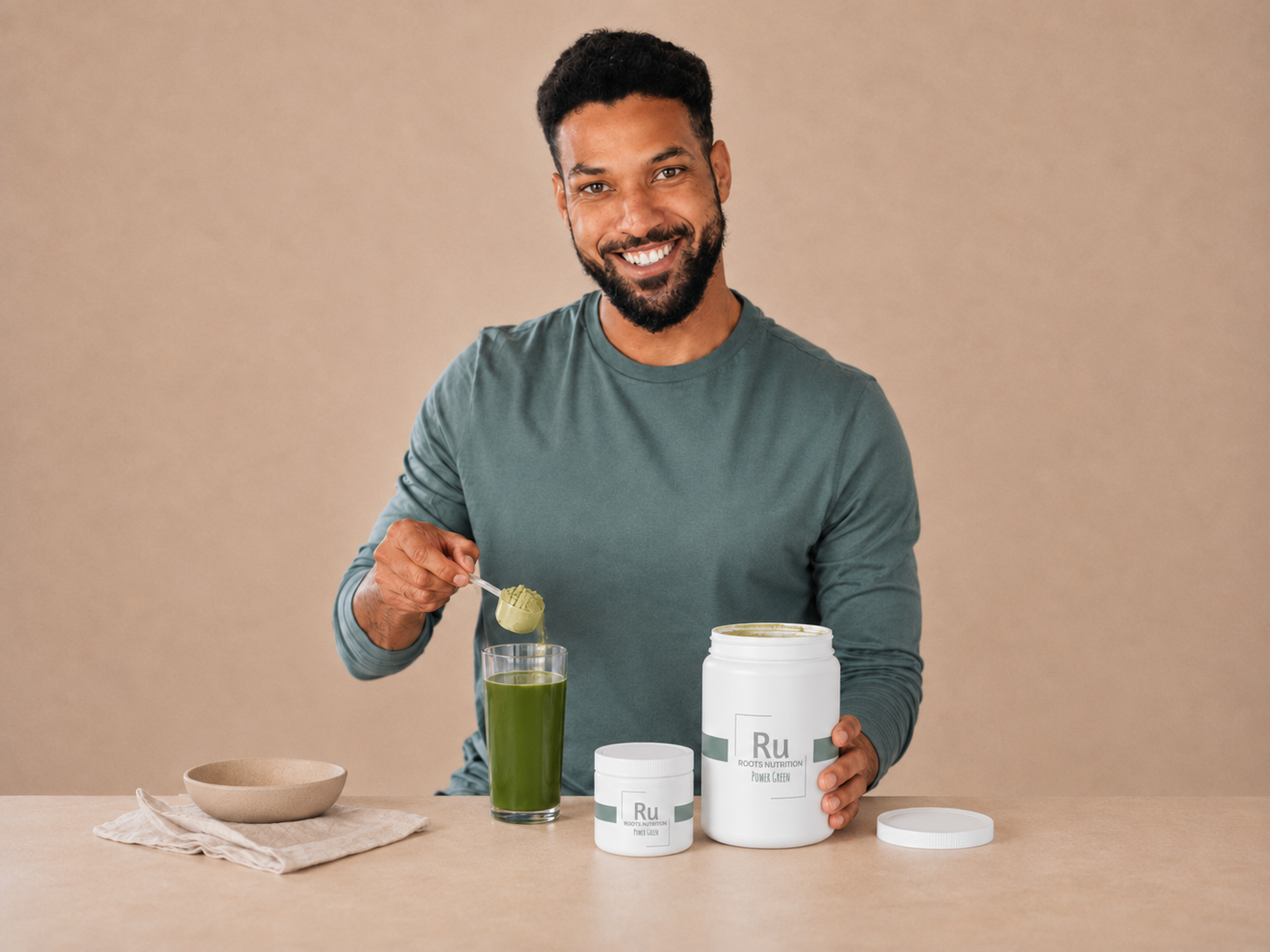 Raw whole-food ingredients gathered around one scoop of powder